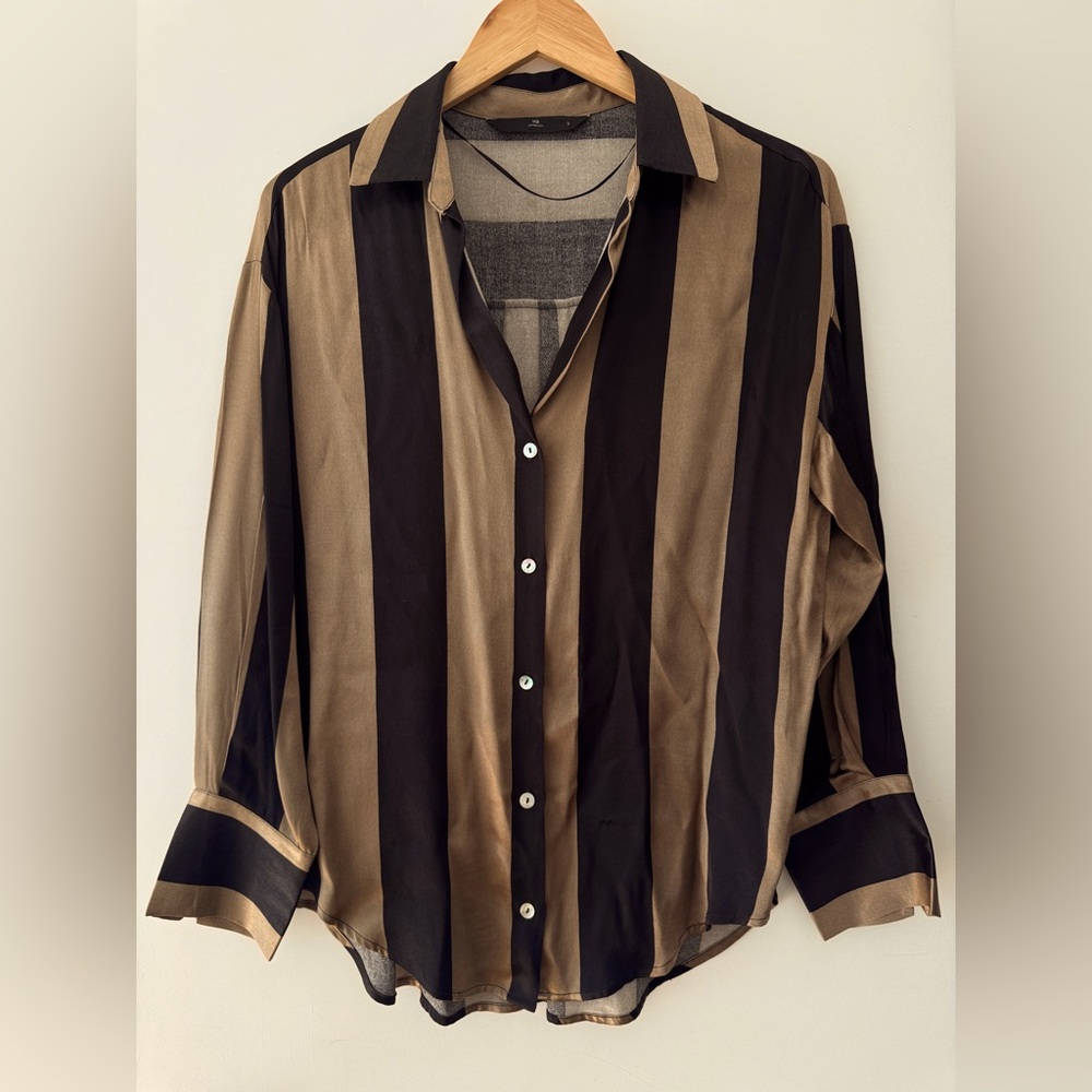 WithBlack Zoe Striped Long Sleeve Button Up Satin Shirt Size S in Latte/Black